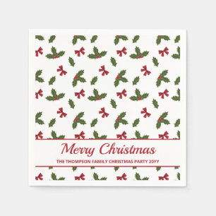 Red Bows And Christmas Holly Plants Pattern & Text Napkin