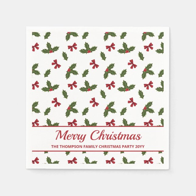 Red Bows And Christmas Holly Plants Pattern & Text Napkin (Front)