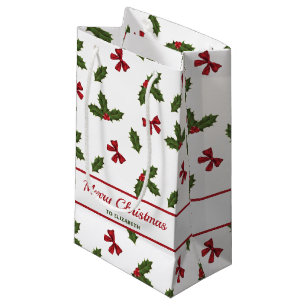 Red Bows And Christmas Holly Plants Pattern & Text Small Gift Bag