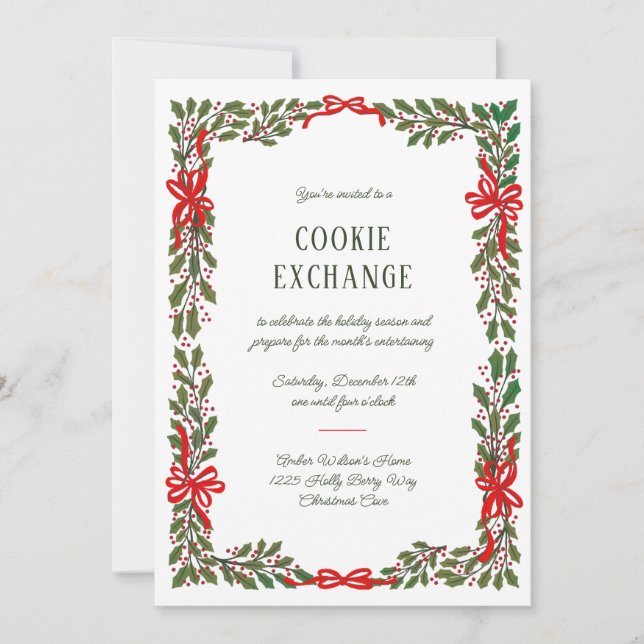 Red Bows and Holly Garland Invitation (Front)