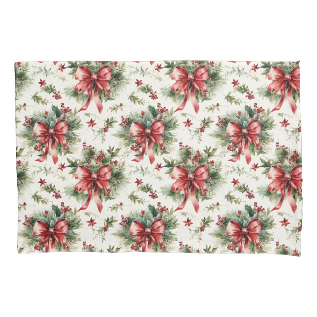 Red Bows and Holly Leaves Pillowcase (Front)