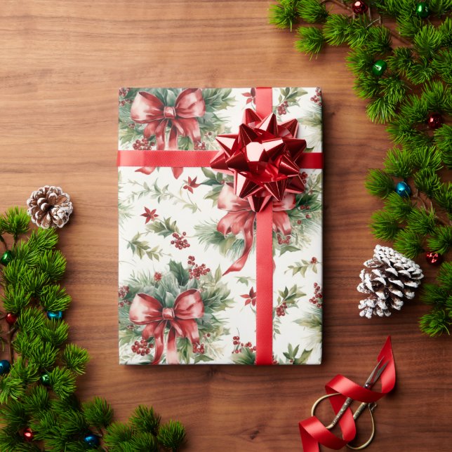Red Bows and Holly Leaves Wrapping Paper (Holiday Gift)