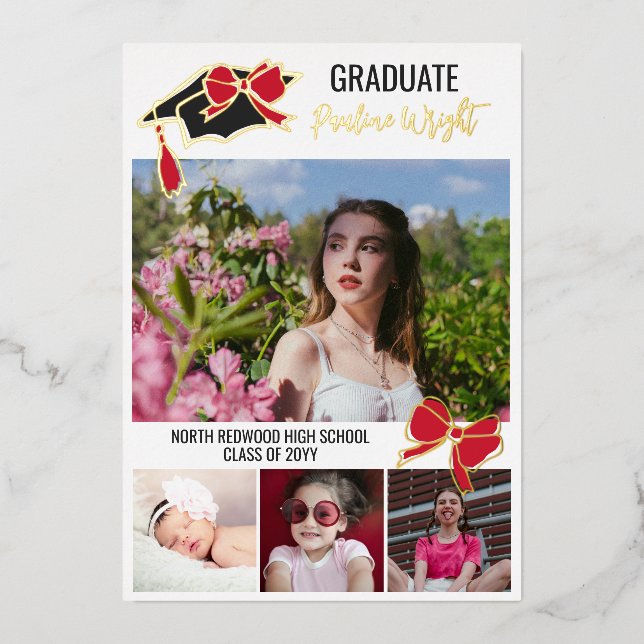 Red Bows Photos Gold Foil Outlines Graduation (Front)