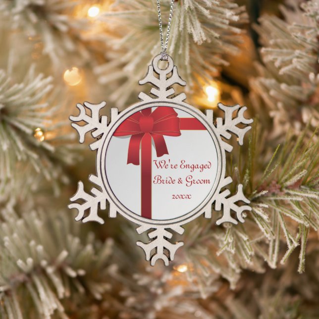 Red Bows Winter Engagement Snowflake Pewter Christmas Ornament (Tree)