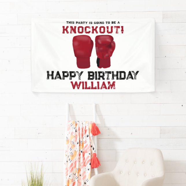 Red Boxing Gloves Kids Birthday Party Knockout Banner (Insitu)