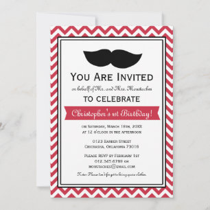 Red Boy Moustache Chevron Birthday Party Invitation