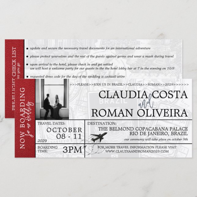 Red Brazil Wedding Boarding Pass Invitation (Front/Back)