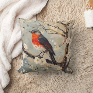 Red Breast Bird in Tree White Flowers Throw Pillow