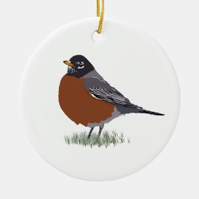 Red Breasted American Robin Digitally Drawn Bird Ceramic Ornament (Front)