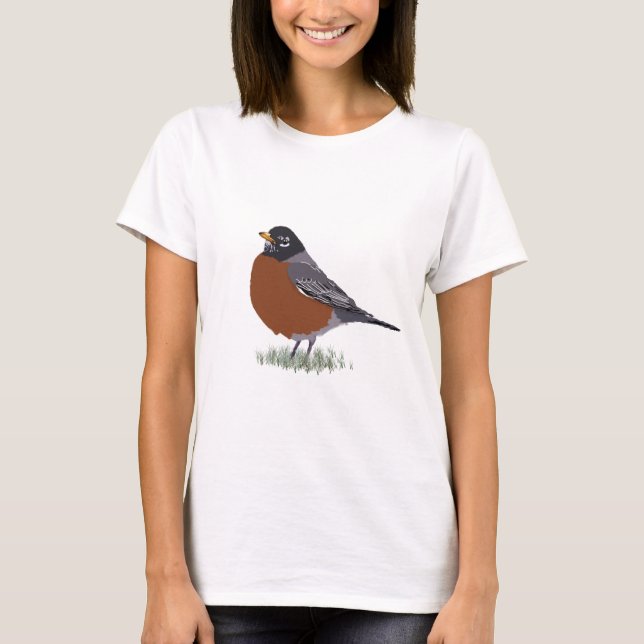 Red Breasted American Robin Digitally Drawn Bird T-Shirt (Front)