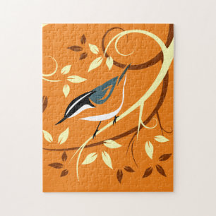 Red Breasted Nuthatch On Stylized Branch Jigsaw Puzzle