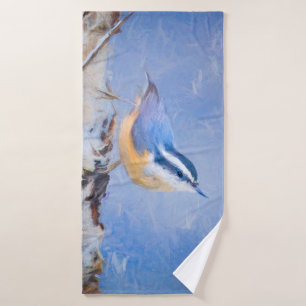 Red-Breasted Nuthatch Painting Original Bird Art Bath Towel Set