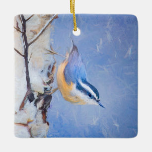 Red-Breasted Nuthatch Painting Original Bird Art Ceramic Ornament