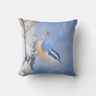 Red-Breasted Nuthatch Painting Original Bird Art Outdoor Pillow