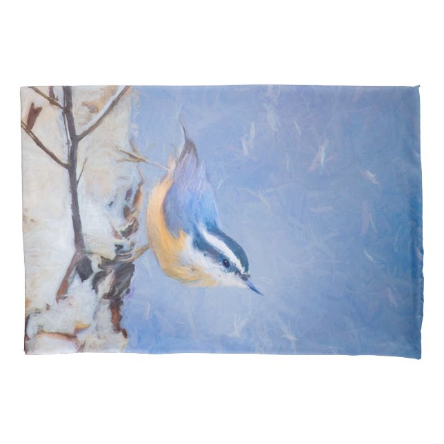 Red-Breasted Nuthatch Painting Original Bird Art Pillowcase (Front)