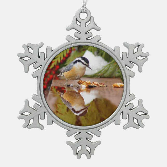 Red-breasted Nuthatch Snowflake Pewter Christmas Ornament (Front)