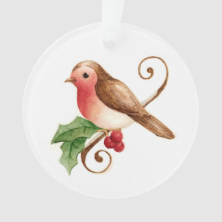 Red-Breasted Robin with Holly Ornament