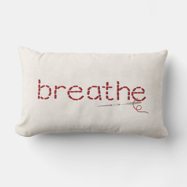 red Breathe text stitch with needle Lumbar Pillow (Front)