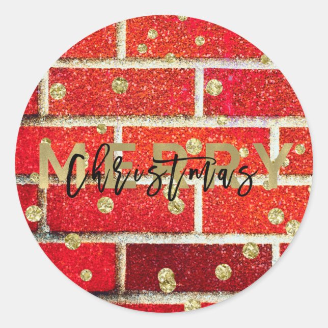 Red Brick & Glitter Holiday Merry Christmas Glam Classic Round Sticker (Front)