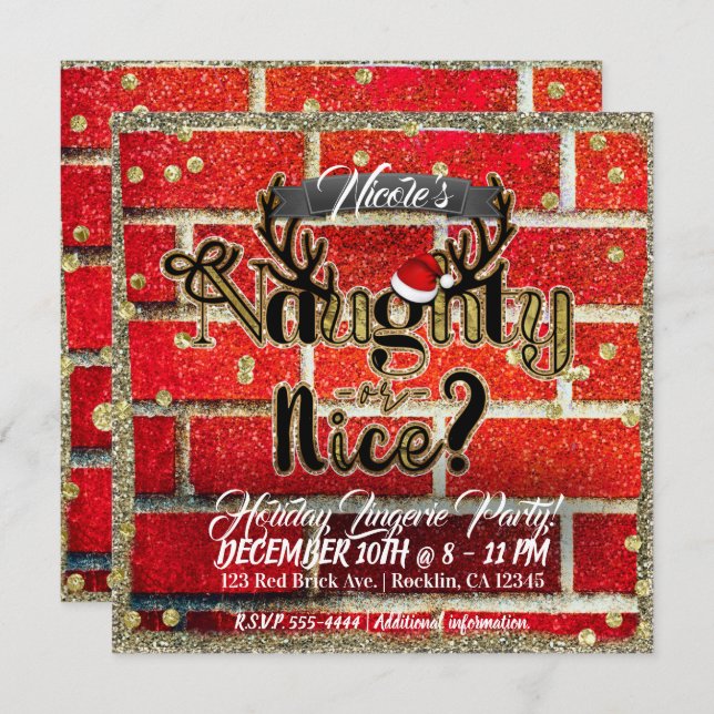 Red Brick & Glitter Holiday Naughty or Nice Party Invitation (Front/Back)