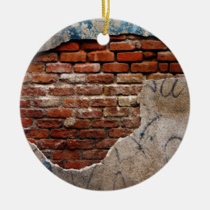 Red Brick Under Graffiti Laced Cement Wall Ceramic Ornament