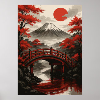 Red Bridge and Mount Fuji Japanese Landscape Poster