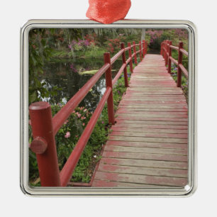 Red bridge over pond, Magnolia Plantation, Metal Ornament