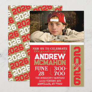 Red & Bronze Gold Graduation Photo Invitation