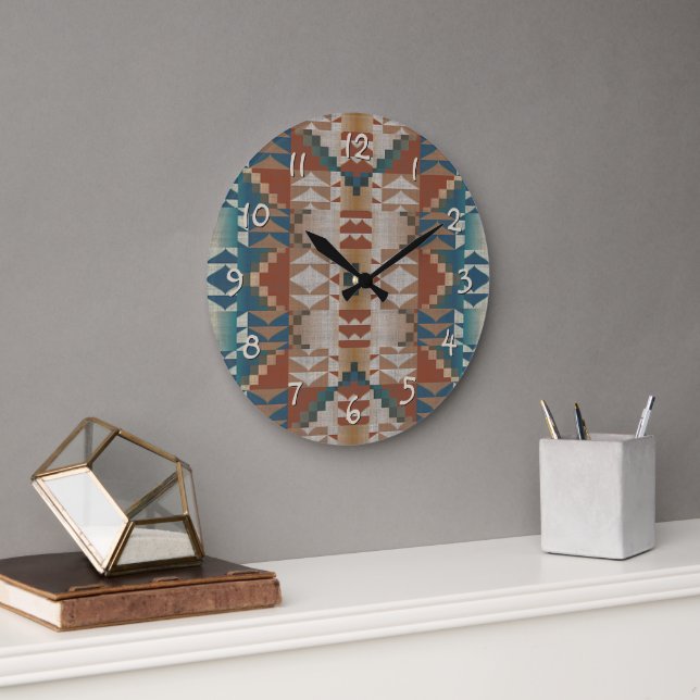 Red Brown Beige Teal Blue Tribal Art Pattern Large Clock (Office)