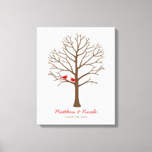 Red Brown Birds Fingerprint Tree Wedding Canvas Print
