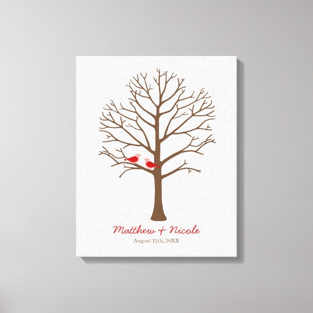 Red Brown Birds Fingerprint Tree Wedding Canvas Print (Front)