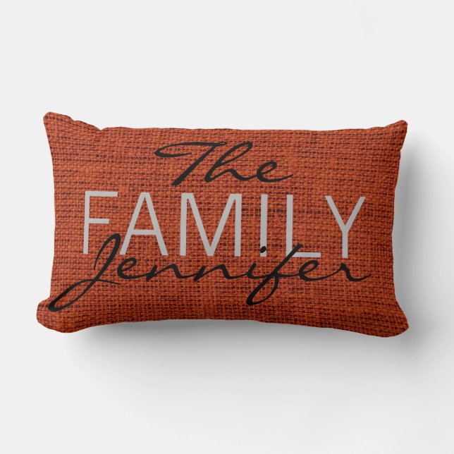 Red-brown Burlap Rustic Linen Monogram Lumbar Pillow (Front)