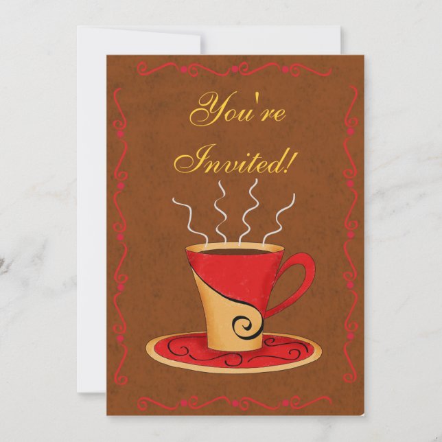 Red & Brown Customized Coffee Cup Event Invitation (Front)