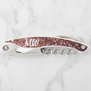 Red brown faux glitter sparkles Monogram Corkscrew