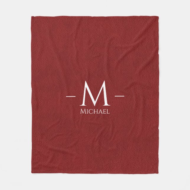Red Brown Faux Leather Monogram Name Custom Fleece Blanket (Front)