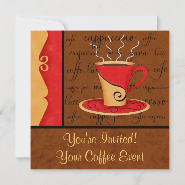 Red Brown Gold Espresso Coffee Art Custom Name Invitation (Front)