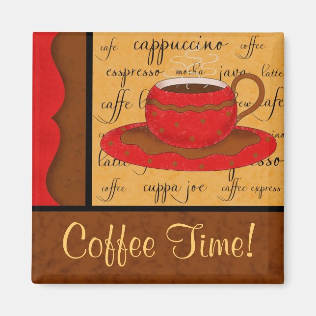 Red Brown Gold Whimsy Coffee Cup Art Custom Name Magnet (Front)