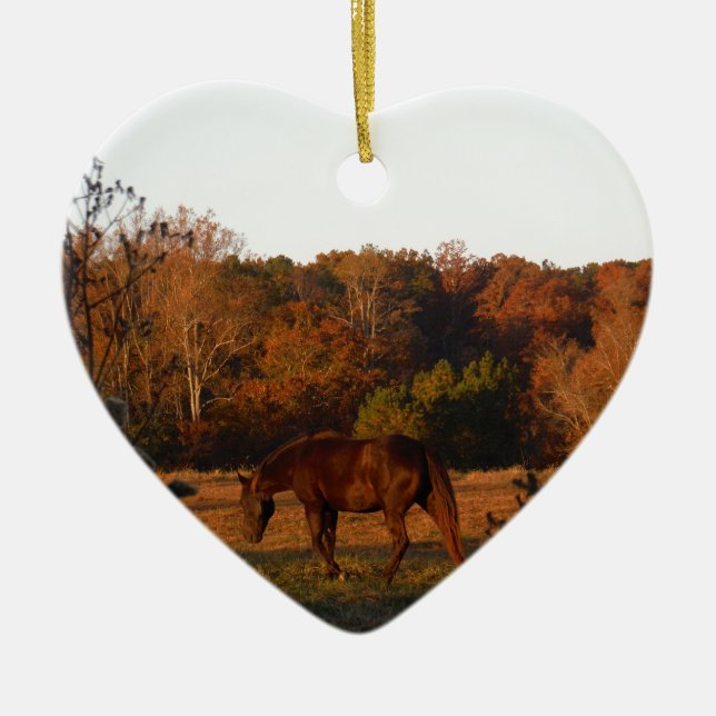 Red  Brown horse, autumn woods. Ceramic Ornament (Front)