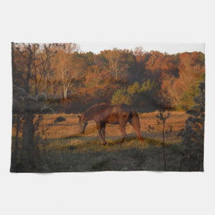 Red  Brown horse, autumn woods. Kitchen Towel