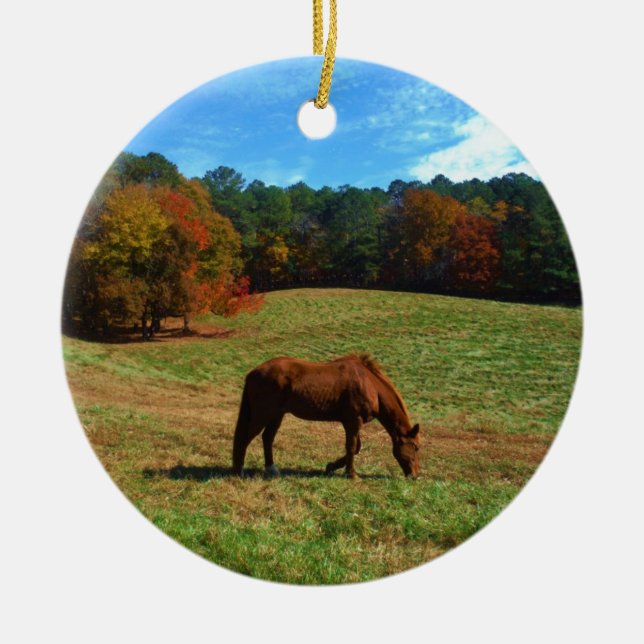 Red Brown horse, fall trees, blue skies Ceramic Ornament (Front)
