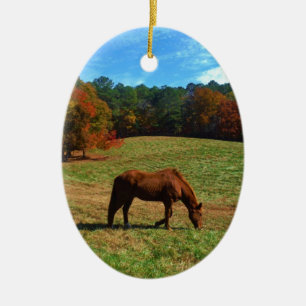 Red Brown horse, fall trees, blue skies Ceramic Ornament