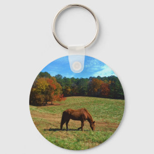 Red Brown horse, fall trees, blue skies Keychain