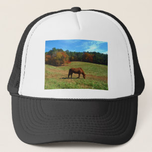 Red Brown horse, fall trees, blue skies Trucker Hat