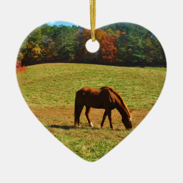 Red Brown horse in the  autumn trees Ceramic Ornament (Front)