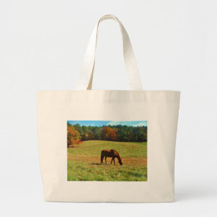 Red Brown horse in the  autumn trees Large Tote Bag