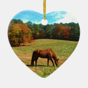 Red  Brown horse, Teal Blue sky Ceramic Ornament
