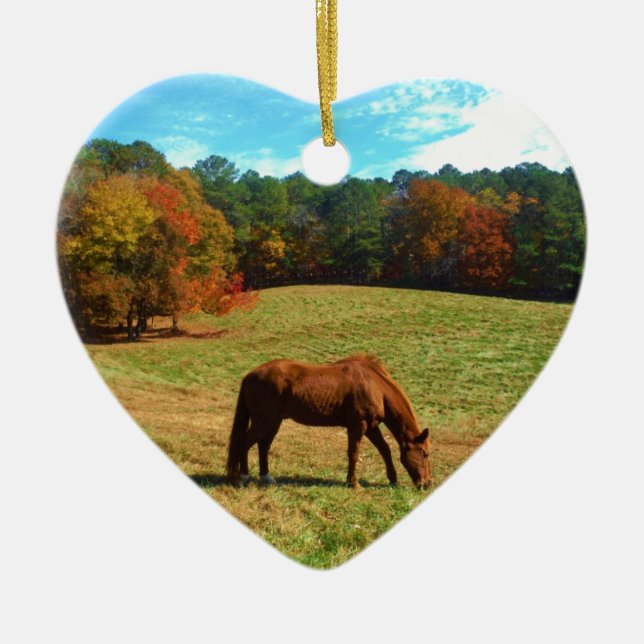 Red  Brown horse, Teal Blue sky Ceramic Ornament (Front)