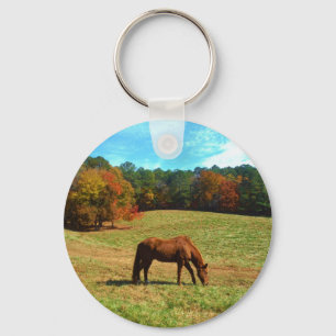 Red  Brown horse, Teal Blue sky Keychain