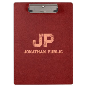 Red Brown Leather Look Distressed Name Monogram Clipboard