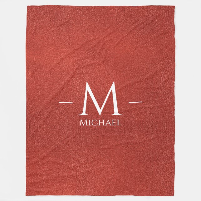 Red Brown Leather Look Monogram Name Large Custom Fleece Blanket (Front)
